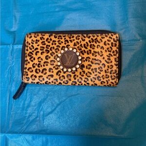 Leopard Print Zip Wallet with Rhinestone LV Medallion